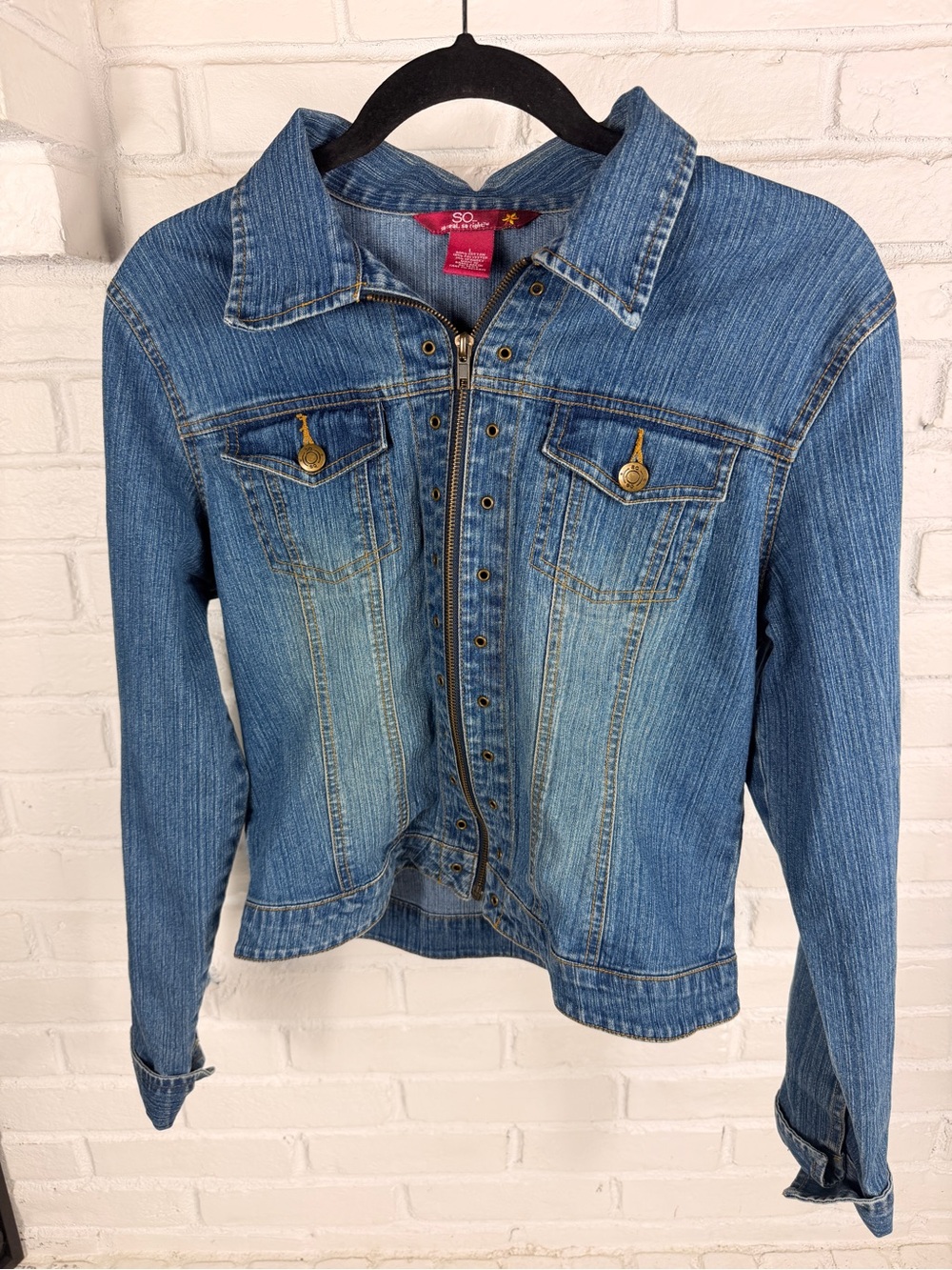 SO‎ Juniors Denim Zip Front Stretch Jean Jacket Large Y2K Fitted Casual